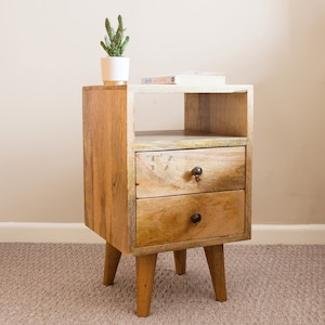 Narrow Wooden Bedside Table with 2 Drawers & Shelf • Small Mid Century Nightstand with Drawers • Open Farmhouse Nightstand Cabinet Wood