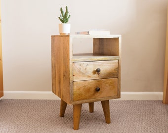 Narrow Wooden Bedside Table with 2 Drawers & Shelf • Small Mid Century Nightstand with Drawers • Open Farmhouse Nightstand Cabinet Wood