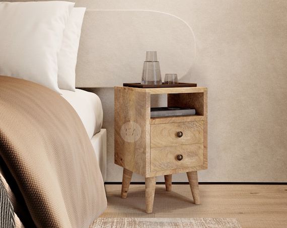 Narrow Wooden Bedside Table With 2 Drawers Shelf Small Mid