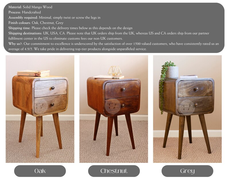 May include: Two-drawer wooden side table with rounded edges and tapered legs. Available in oak, chestnut, and grey.