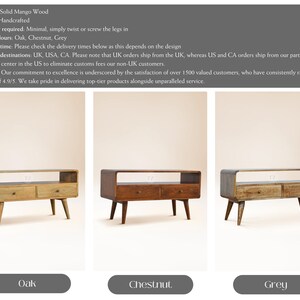 May include: Three wooden TV stands with two drawers and a shelf. The stands are available in oak, chestnut, and grey.