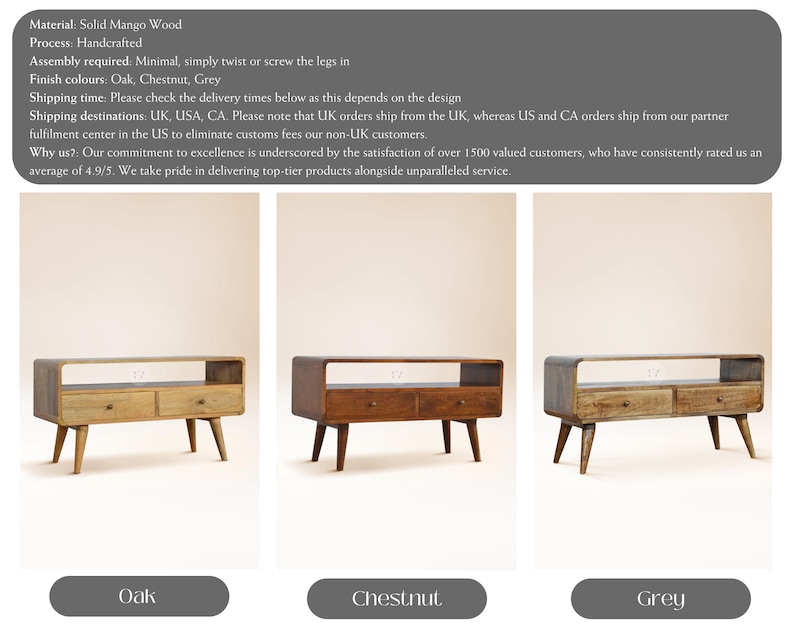 May include: Three wooden TV stands with two drawers and a shelf. The stands are available in oak, chestnut, and grey.