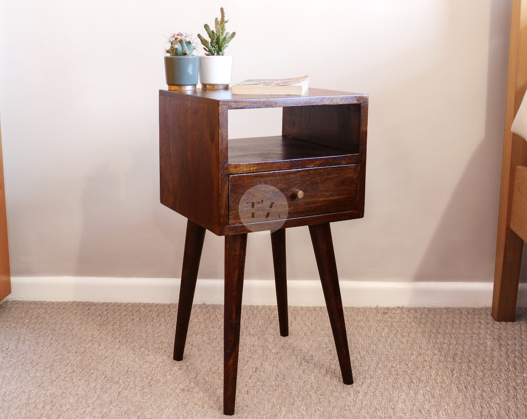 Dark Wood Bedside Table Walnut Finish Bedside Table Bedside Table for Small Spaces Rustic