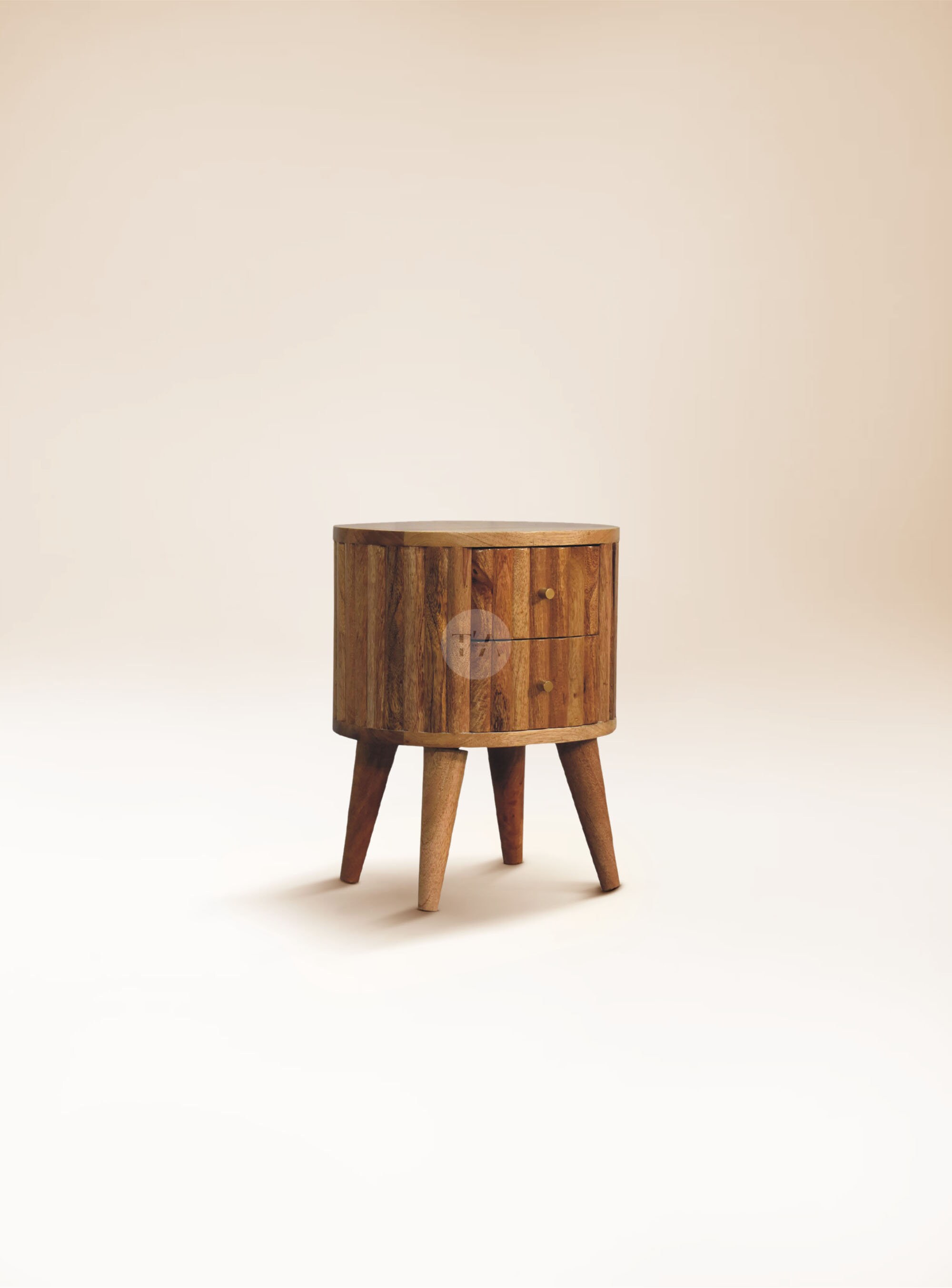 2 Drawer Natural Wood Nightstand for Small Space Cute Circular