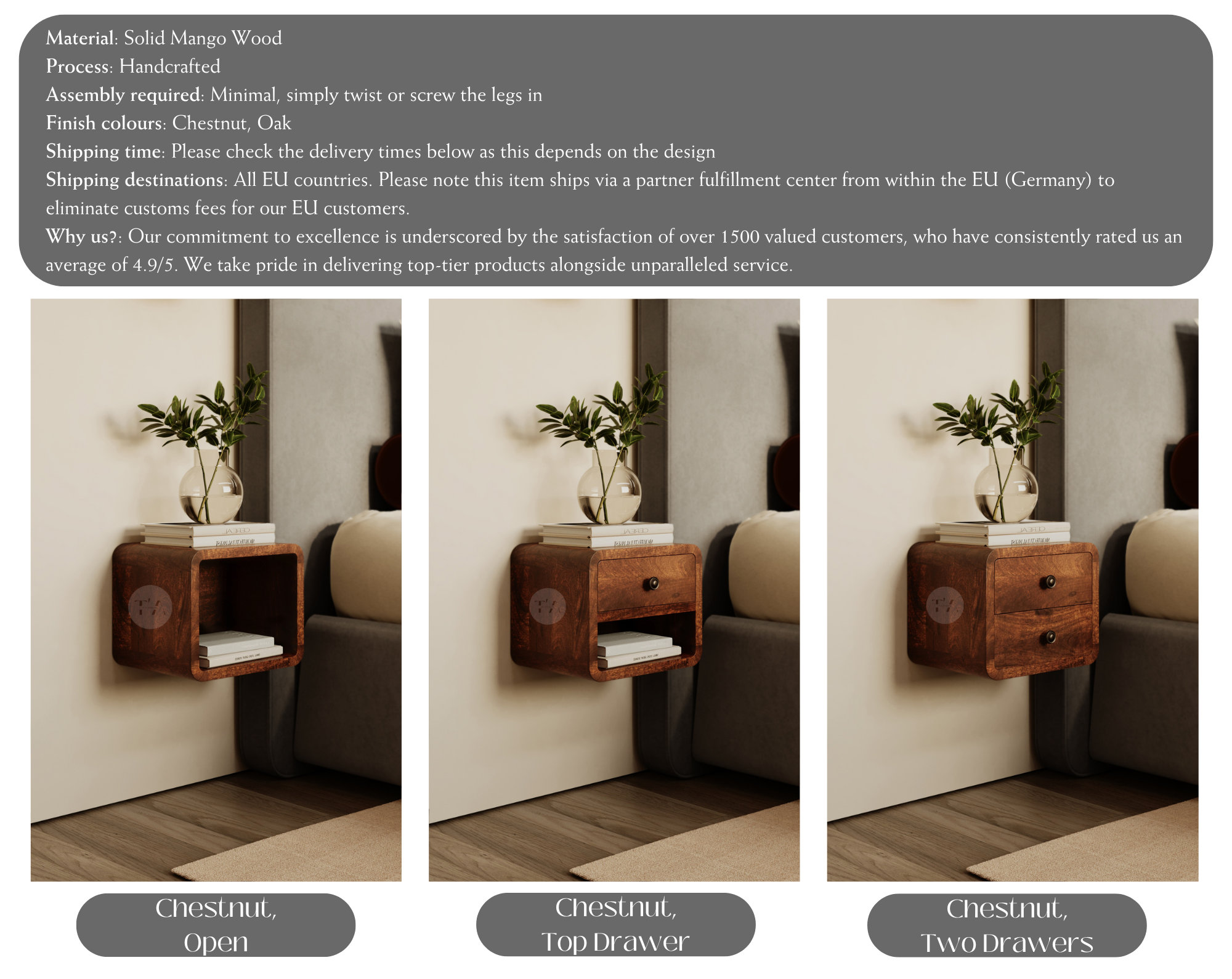 Comodino in Legno di Ciliegio Rustico con 2 Cassetti Portaoggetti Moderno per Camera da Letto, Soggiorno, Ingresso, Corridoio