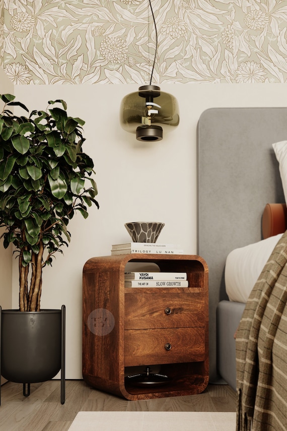 Rounded Edge Wood Nightstand • Modern Nightstand with 2 Drawers and Storage Shelf • No Assembly Nightstand • Small Storage Table for Bedroom