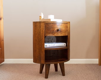 Oval Side Table Bedroom • Mid-Century Nightstand with One Drawer • Oval Shaped Bedside Table with Shelves • Quirky Bedside Table Organiser