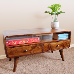 Rectangular Coffee Table Solid Wood • Long Coffee Table Mid Century • Danish Coffee Table with Drawers • Dark Wooden Coffee Table with Shelf