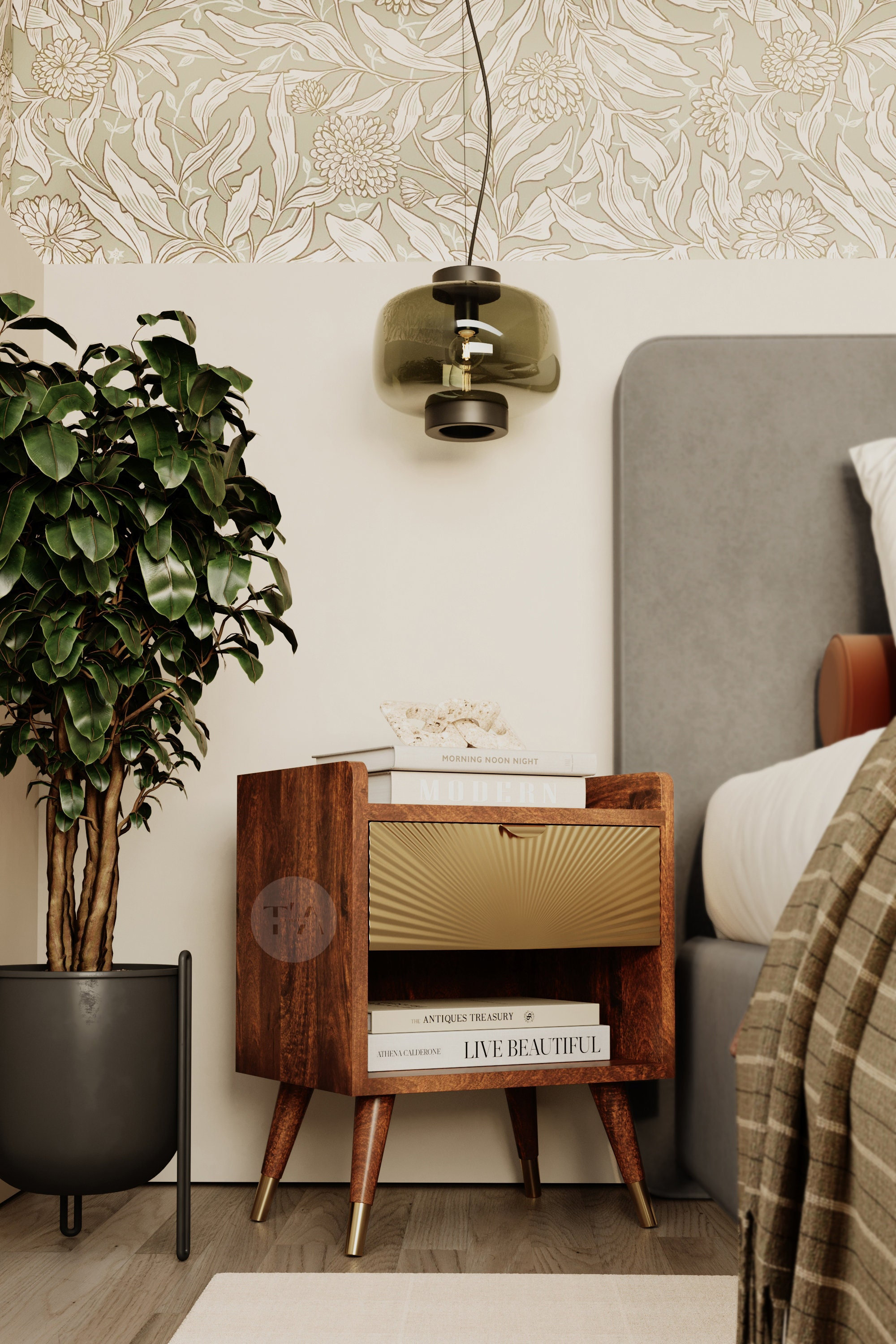 Gold Side Table with Drawer • 1 Drawer Gold Bedside Table • Gold and Wood Nightstand • Wood Side Table with Gold Legs • Modern Bedside Table