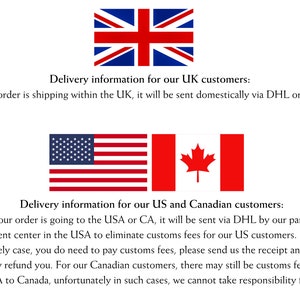 May include: Delivery information for UK, US, and Canadian customers. The text explains that orders shipping within the UK will be sent domestically via DHL or FedEx. Orders going to the USA or Canada will be sent via DHL by a partner fulfillment center in the USA to eliminate customs fees for US customers. If customs fees are required, customers are asked to send a receipt for a refund. Canadian customers may still be subject to customs fees from the USA to Canada.