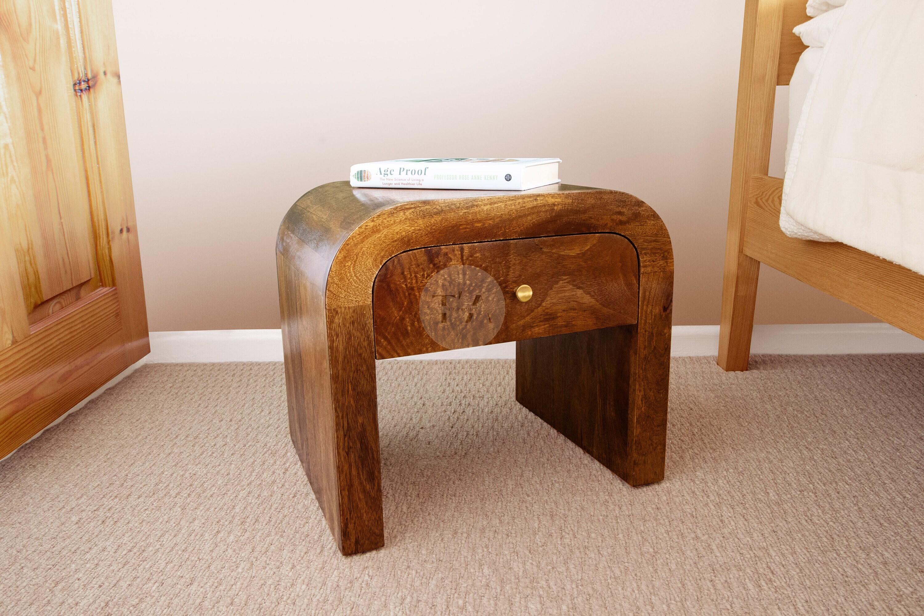 Bedside Table Arched • Rounded Wood Nightstand Low • One Bedside Table Arched • Rounded Wood Nightstand Low • One