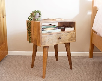 Danish Wood Bedside Table: Minimalist Retro Style End Table with Storage Drawer