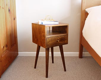Small Slim Brown Bedside Table with Legs, Nordic Style Side Table - EU