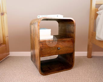Rounded Corner End Table with Shelves • Narrow Dark Wood End Table Rectangular • Rustic Farmhouse End Table for Living Room or Bedroom