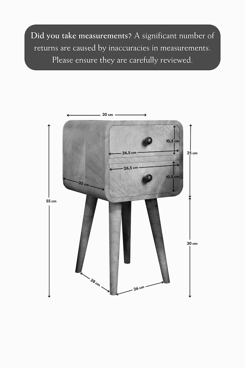 May include: A wooden bedside table with two drawers and four legs. The table is 76 cm wide, 63.5 cm tall, and 66 cm deep. The drawers are 26.5 cm wide and 67.5 cm deep.