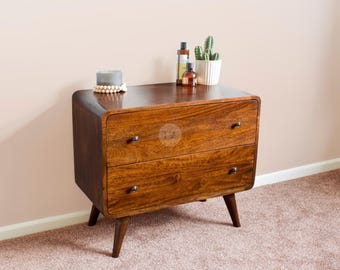 Low Chest of Drawers for Under Window • 2 Drawer Chest • Lowboy Dresser Farmhouse • Small Sideboard Mango Wood • Curved Chest of Drawers
