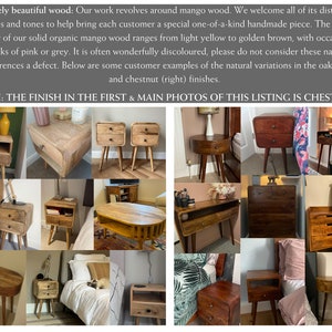 Op de afbeelding: Een collage van afbeeldingen die verschillende houten nachtkastjes met verschillende afwerkingen tonen. De tafels hebben twee laden, afgeronde randen en verschillende pootstijlen. De tekst "FYI: THE FINISH IN THE FIRST & MAIN PHOTOS OF THIS LISTING IS CHESTNUT" wordt bovenaan de afbeelding weergegeven.