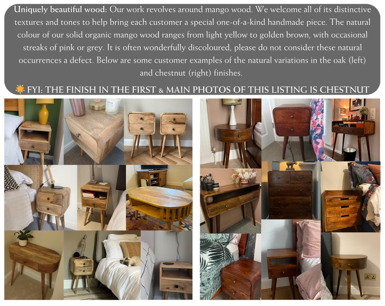 Op de afbeelding: Een collage van afbeeldingen die verschillende houten nachtkastjes met verschillende afwerkingen tonen. De tafels hebben twee laden, afgeronde randen en verschillende pootstijlen. De tekst "FYI: THE FINISH IN THE FIRST & MAIN PHOTOS OF THIS LISTING IS CHESTNUT" wordt bovenaan de afbeelding weergegeven.