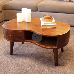 Wave salontafel scandi-stijl • Donkerhouten salontafel golvend • Ronde salontafel voor midden woonkamer • Waves Edge salontafel gebogen