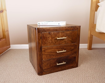 3 drawer nightstand dark wood, chunky farmhouse nightstand, gold handle nightstand