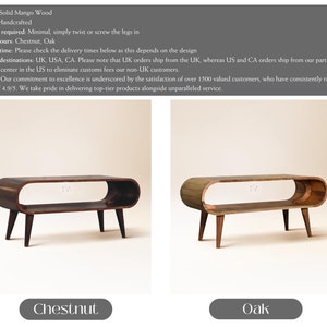 Op de afbeelding: Twee houten salontafels met een gebogen bovenkant en een plank eronder. De tafel links is van kastanjehout en de tafel rechts is van eikenhout.