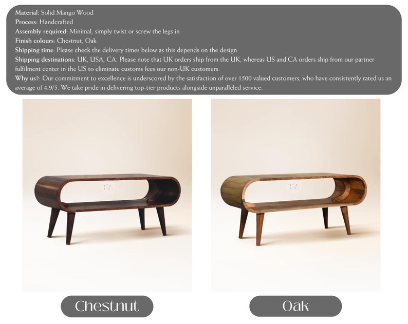 Op de afbeelding: Twee houten salontafels met een gebogen bovenkant en een plank eronder. De tafel links is van kastanjehout en de tafel rechts is van eikenhout.