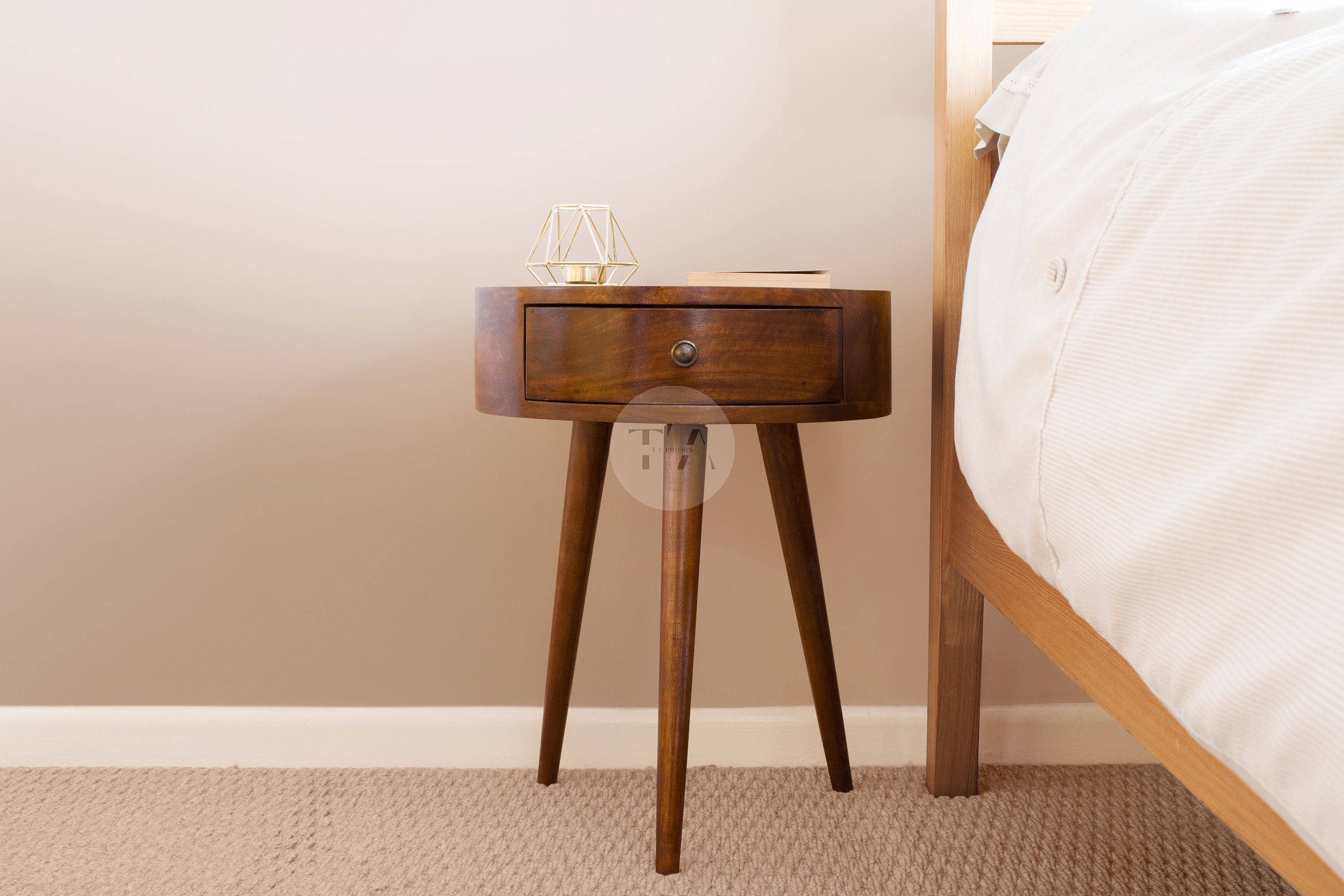 Round Bedside Table With Drawer Small Round Side End Table Bedroom