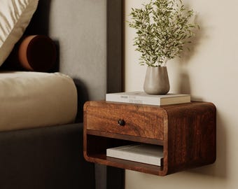 Farmhouse Floating Bedside Shelf with Drawer • Floating Wooden Shelf for Bedroom • Wall Mounted Nightstand • Floating Rustic Bedside Table