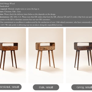 May include: Three side tables with two drawers and a shelf. The tables are made of solid mango wood and are available in chestnut, oak, and grey.