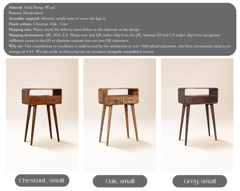 May include: Three side tables with two drawers and a shelf. The tables are made of solid mango wood and are available in chestnut, oak, and grey.