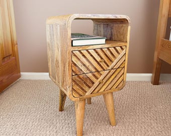 Small Bedside Table Rounded Corners • 2-Drawer Natural Wood Nightstand • Carved Mango Wood Bedside with Rounded Edges • Wooden Nightstand