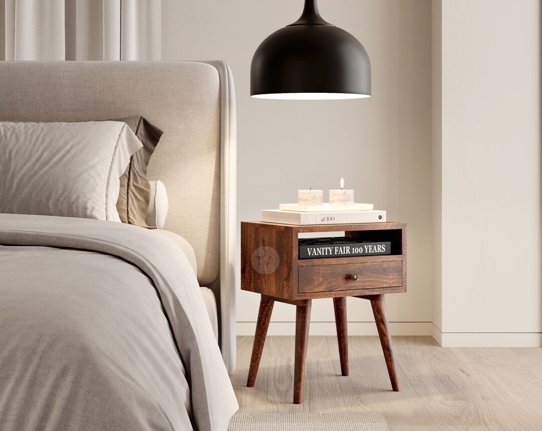 Rustic Bed Side Table Dark Wood Night Stand With Storage Drawer and ...