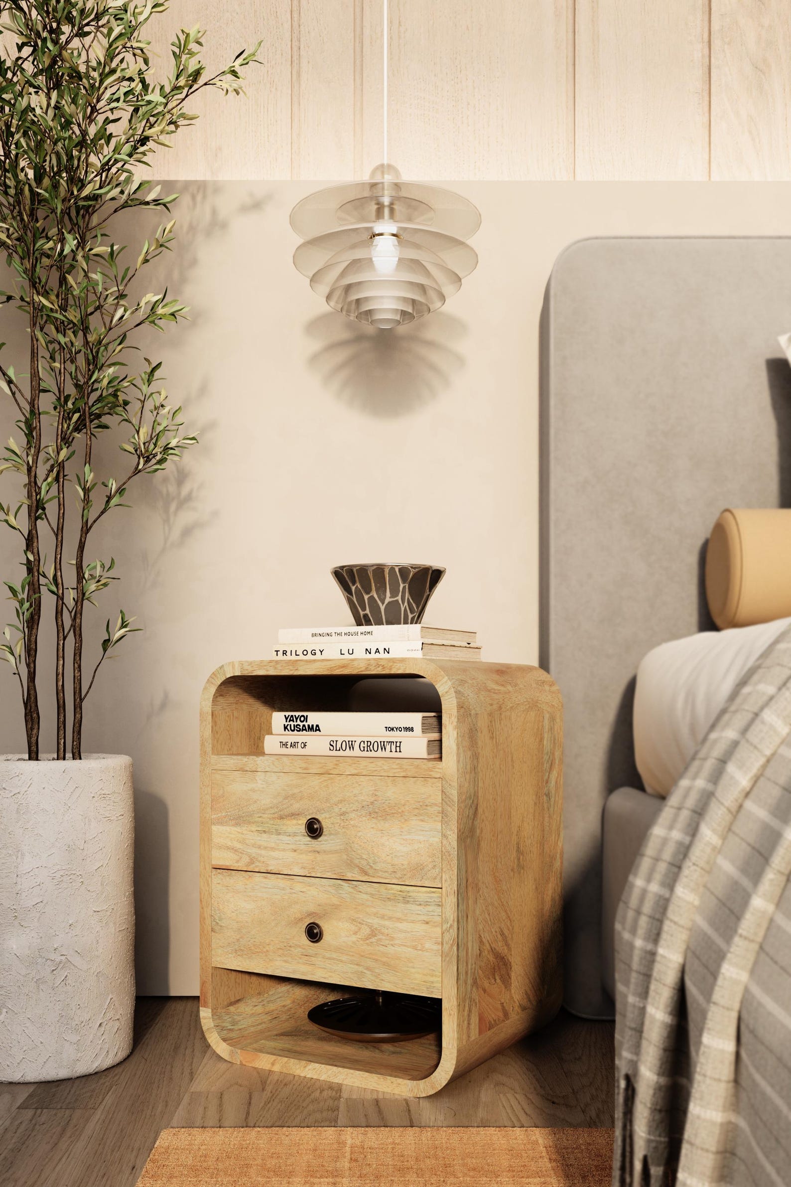 Curved Edge Bedside Table No Assembly • Nightstand With Shelves and 2 ...