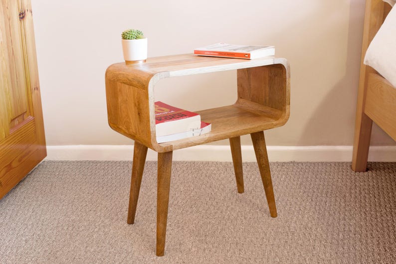 Open Shelf Nightstand Lower Than Bed • Low Bedside Table Rounded ...