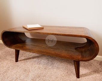 Low Coffee Table Mid Century Danish • Scandi Coffee Table Round Wood • Narrow Coffee Table Nordic Style • Small Coffee Table Dark Wood