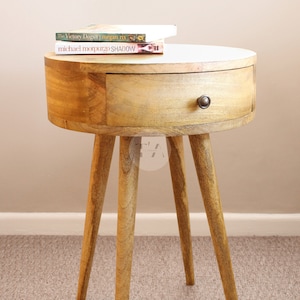 Round Nightstand • Round End Table for Living Room • Round Side Table Wood with Drawer • Wooden Side Table Bedroom • Side Table Oak-style