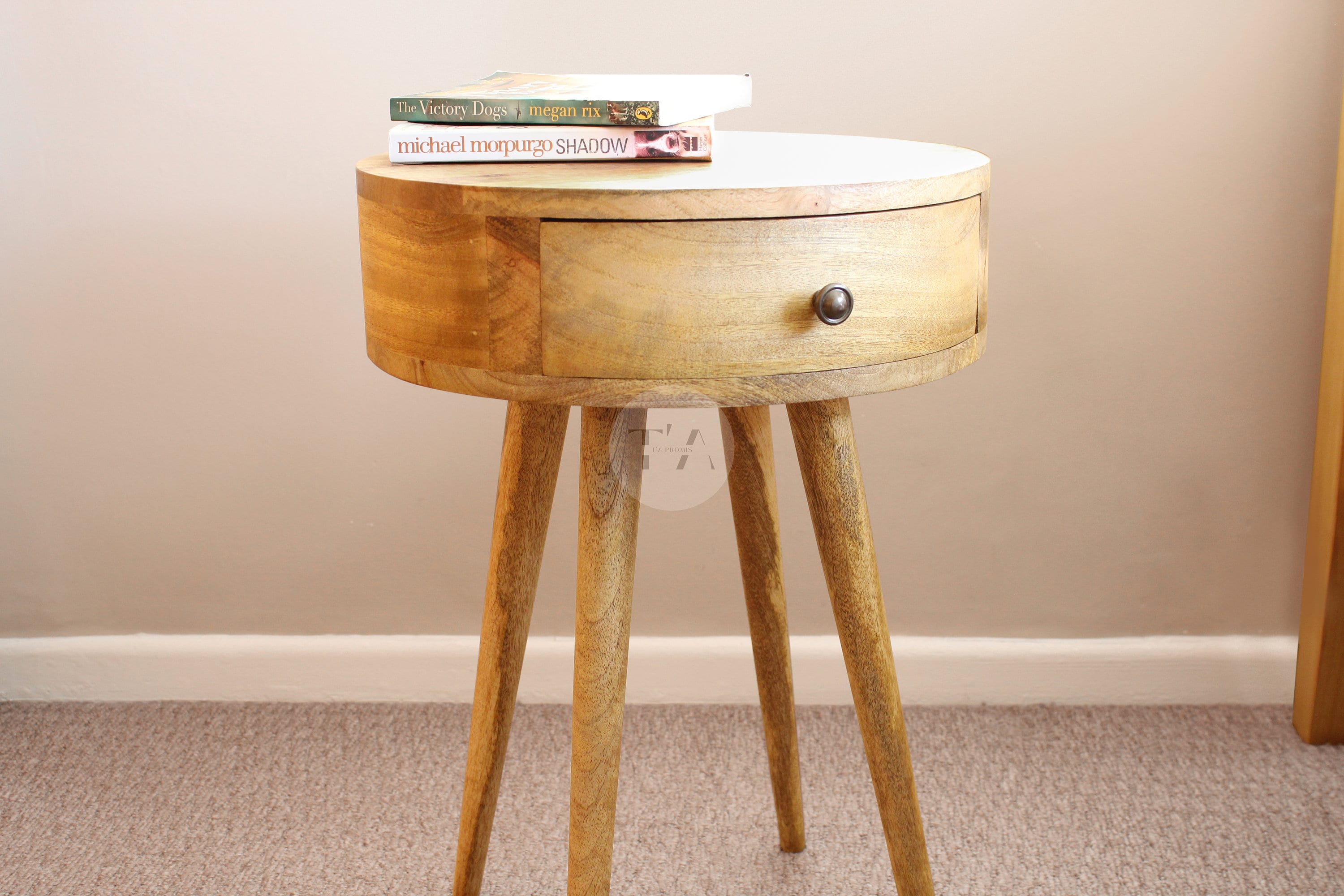 Small round bedside table with drawer deals