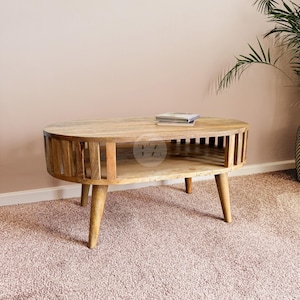 Round Coffee Table with Storage • Small Coffee Table for Living Room • Low Coffee Table Wood • Circular Slat Coffee Table Mid Century Modern