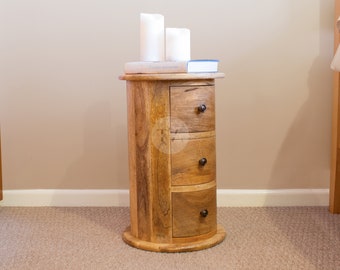 Small Drum Bedside Table with Storage • Barrel Bedside Table • Wood Drum Side Table with Drawers • Cylinder Bedside Table • Drum Cabinet