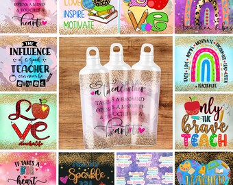 Puede incluir: Un conjunto de 20 diseños de sublimación para vasos de profesor. Los diseños presentan varias citas inspiradoras y gráficos relacionados con la enseñanza, incluidos manzanas, corazones, arcoíris y purpurina. Los diseños son perfectos para crear regalos personalizados para profesores.