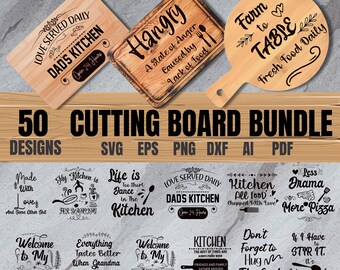 Puede incluir: Un conjunto de 50 diseños de tablas de cortar con varias citas y refranes sobre el tema de la cocina. Los diseños están disponibles en los formatos SVG, EPS, PNG, DXF, AI y PDF. Algunas de las citas incluyen "Love Served Daily Dad's Kitchen", "Hangry A State of Anger Caused by Lack of Food", "Farm to Table Fresh Food Daily", "Made With Love And Some Other Shit", "My Kitchen is", "Life is Too Short Dance in The Kitchen", "Welcome to My Kitchen", "Everything Tastes Better When Grandma Makes It", "Kitchen All Food Chopped With Love", "Less Drama More Pizza", "Don't Forget to Hug The Cook", "If I Have to STIR IT. It's Homemade".
