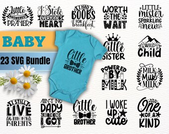 Puede incluir: Un conjunto de 23 archivos SVG para proyectos de manualidades. Los diseños presentan varias frases relacionadas con bebés, que incluyen "Hermano pequeño", "Hermana pequeña", "Me robé el corazón de todos", "Vale la pena la espera" y "Impulsado por la leche".