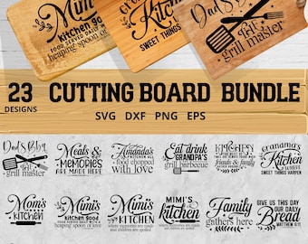 Puede incluir: Una colección de 23 diseños de tablas de cortar con varias frases y refranes sobre el tema de la cocina. Los diseños incluyen "Mimi's Kitchen", "Grandma's Kitchen", "Dad's BBQ", "Meals & Memories", "Amanda's Kitchen", "Eat Drink Grandpa's BBQ", "Kitchen Friends & Family", "Grandma's Kitchen", "Mom's Kitchen", "Mimi's Kitchen", "Mimi's Kitchen", "Mimi's Kitchen", "Family Gathers Here", "Give Us This Day Our Daily Bread", "Grandma's Kitchen", "Oh the Taste and See That The Lord is Good", "Grandma's Kitchen", "Nana's Kitchen", "My Kitchen My Rules", "Nama's Kitchen".