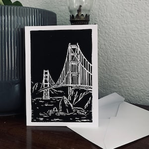 Golden Gate Bridge | Hand Carved Greeting Card | Relief-Printed Art | Mini Art Print | San Francisco California | All-Occasion Card
