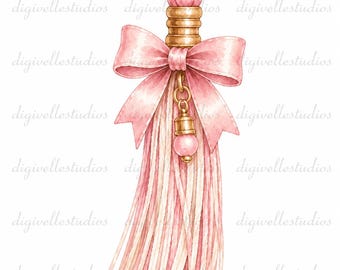 Pink Coquette Graduation Tassel Clipart – Watercolor Bow Grad Element (Digital Download)