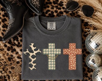 Cow Print Houndstooth Floral Brushstroke Cross PNG, Boho Faith Clipart, Western Christian T-Shirt Design, Three Cross Pattern Sublimation