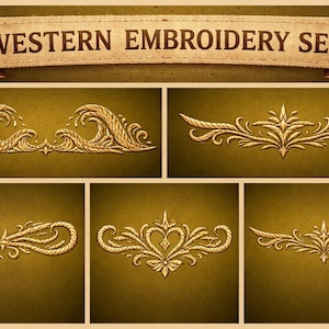 Pode incluir: Uma coleção de cinco desenhos de bordado Western dourados. Os desenhos incluem padrões florais e de rolagem, com as palavras "WESTERN EMBROIDERY SET" exibidas em uma faixa na parte superior da imagem.