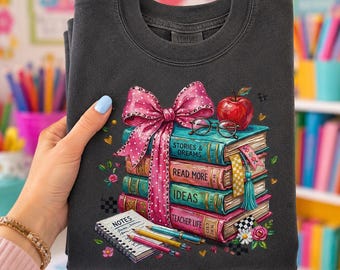 Coquette Teacher PNG | Book Stack Teacher Clipart | Pink Bow School Graphic | Back To School PNG | Teacher Life Design | Reading Teacher PNG