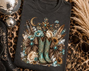 Boho Christian Cowgirl SVG PNG | Turquoise Cowboy Boots Leopard Bow Cross Sublimation | Western Faith Shirt Design | Instant Download
