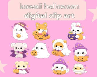 Kawaii Halloween Clipart PNG | Cute Spooky Animals | Pastel Chibi Halloween Graphics | Digital Download